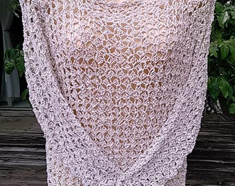 Hand Crocheted Pullover/Tunic - Original Design one of a Kind  BOHO/RETRO in Berocco Seduce Color Pearl Linen/Silk/Rayon Size S-M