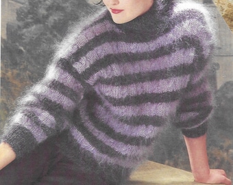 Mohair Sweater Knitting Pattern  - PDF pattern download for Two Color with Cables Pullover - Sizes 28 to 40 inches finished bust