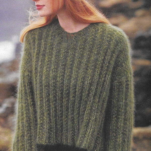 Mohair Knitting Pattern  - PDF pattern download for Easy Cropped Mohair Pullover and Hat - Adult Size S - L