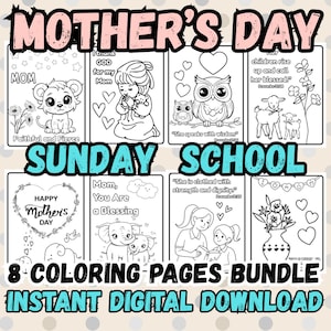 Mother&#39;s Day Gift SUNDAY SCHOOL Coloring Sheets Bundle Instant Printable Digital Download 8 Pages Bundle for Kids Church Bible Verses