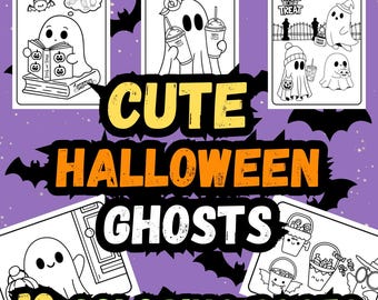 Könnte beinhalten: Ein digitales Malbuch mit Illustrationen von niedlichen Halloween-Geistern. Das Bild enthält den Text "PDF-PRINTABLE PNG-DIGITAL COLORING", "CUTE HALLOWEEN GHOSTS" und "10 COLORING PAGES". Die Zeichnungen zeigen Geister mit Büchern, Getränken und Süßigkeiteneimern.