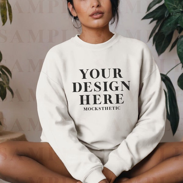 Gildan 18000: White Sweatshirt | Simple Print On Demand Mockup Model | Boho Theme | Neutral Lifestyle Aesthetic | Crewneck | GIL180 |