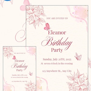 Convite de aniversário floral elegante | Convite para festa com borboleta rosa | Cartão de aniversário editável para meninas | Download digital