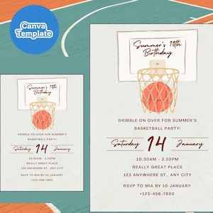 Basketball-Geburtstagseinladung | Einladung zur Kindersportparty | Bearbeitbare digitale Geburtstagskarte zum 10. | Neutrales handgezeichnetes Design