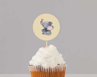 Elephant Baby Shower Cupcake Toppers and Party Favor Tags