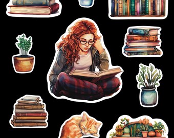 Reading books stickers with plants and cats PNG