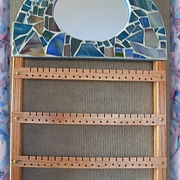 Shabby Mosaic and  Wood Mirror Earring Rack Cottage  blue stained glass