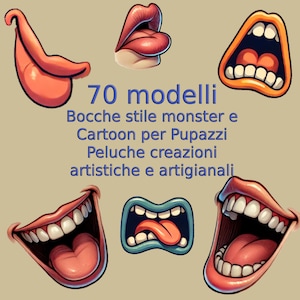 May include: 70 mouth designs in monster and cartoon styles.  These mouths are perfect for plush toy creations, artistic projects, and crafts.