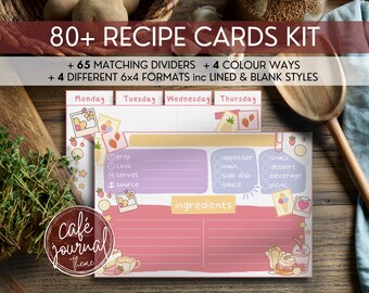 Op de afbeelding: Een set van 80+ receptkaarten in een roze en paarse kleurstelling met een café-journaalthema. De kaarten bevatten verschillende illustraties, waaronder een kopje koffie, een aardbei en een ananas. De kaarten zijn ontworpen om je te helpen bij het organiseren van je recepten en maaltijdplanning.