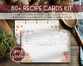 Op de afbeelding: Een set van 80+ receptkaarten met een lentetuin-thema. De kaarten zijn onderverdeeld in categorieën zoals groenten, salades, soepen en stoofschotels. De kaarten hebben een gelinieerd gedeelte voor ingrediënten en een gedeelte voor voorbereiding, kooktijd, porties en bron. De kaarten bevatten ook een gedeelte voor voorgerechten, snacks, desserts, bijgerechten, dranken en picknicks.