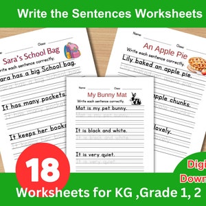 18 Write the Sentence Worksheets | Handwriting Practice | Sentence Building | Tracing | Learn to Write | KG to Grade 2 ELA Worksheets