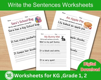 Write the Sentence Worksheets | 18 Handwriting Practice Worksheets | Writing Sentences Activity | KG to Grade 2 ELA Worksheets