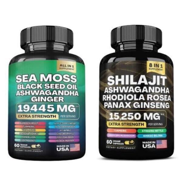 Paquete de musgo marino y shilajit, 60 unidades cada uno, musgo marino 7000 mg, aceite de semilla negra...