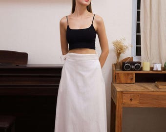 Wrap Linen Maxi Skirt with Pockets, Summer High Waist Skirt, Long Flowy Flax Skirt for Women
