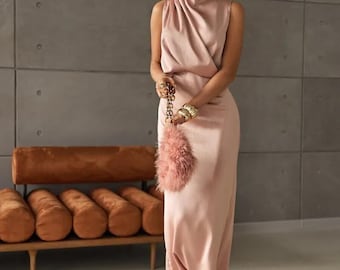Elegant Satin Midi Dress, High Neck Drape Bridesmaid Dress, Wedding Guest Dress, Soft Pink Simple Formal Gown