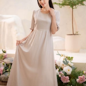 Romantic Linen Maxi Dress, 3/4 Sleeve Square Neck, Flowy A-Line Dress, Cottagecore Vintage Boho Dress