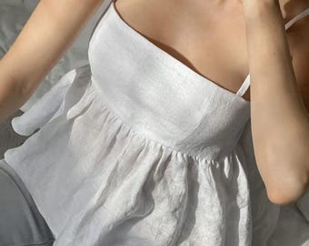 Linen Peplum Cami Top Women, Spaghetti Strap Square Neck Tank, Linen Loungewear, Comfortable Housewear Clothing
