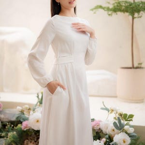 Linen Modest Dress, Swing Linen Maxi Dress, Long Sleeve Dress with Waist Belt, Retro Vintage Dress, Dress with Pockets