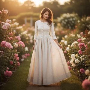 Vintage linnen jurk met knopen aan de voorkant, cottagecore-jurk met lange mouwen, maxi-jurk met vierkante hals, prairiestijl