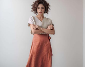 Linen A-Line Wrap Skirt With Ties, Midi Skirt, Minimalist Linen Clothing For Women, Casual Elegant Style