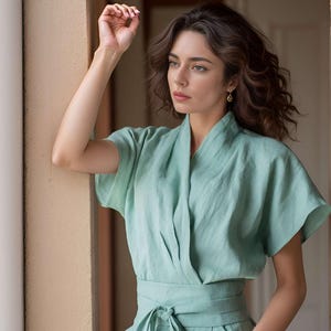 Linen Kimono Wrap Dress, Green Summer Sundress, Minimalist Flowy Linen Clothing for Women