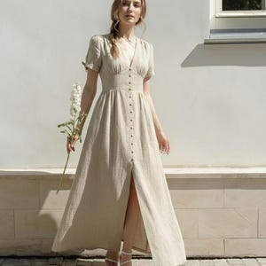 Linen Maxi Dress, Button Front Linen Dress, Puff Sleeve Linen Dress, Elegant Linen Summer Dress, Minimalist Linen Dress