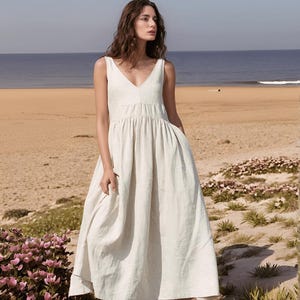 V-Neck Linen Dress, Linen Midi Dress For Women, Minimalist Dress, Breathable Summer Outfit, Plus Sized Linen Dress