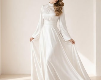 Silk Long Sleeve Maxi Dress High Neck A Line Wedding Dress Flowing Satin Dress Bridal Minimal Elegant Gown