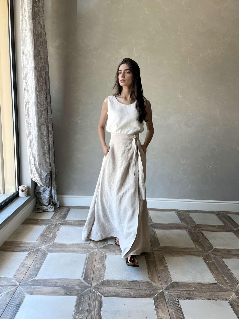 High Waist Linen Maxi Skirt with Pockets, Summer Wrap Around Style, Long Flowy Flax Skirt for Women