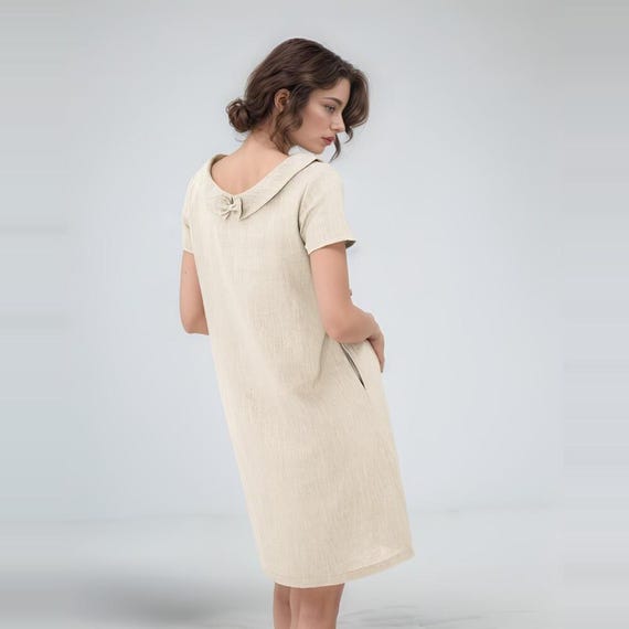 Short Sleeve Beige Linen Dress, Modest Minimalist Outfit, Women's