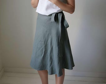 High Waist Wrap Linen Skirt with Belt, A-Line Midi Linen Skirt for Women, Plus Size Natural Knee Length Skirt, Minimalist Linen Skirt