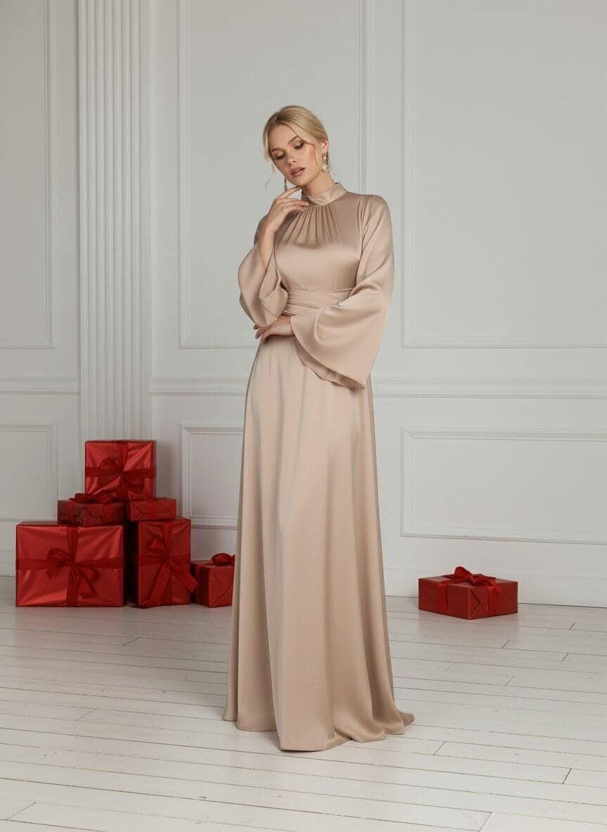 white christmas dresses Women's Pure Glamour Long Sleeve Satin Maxi Dress in Gold