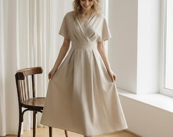 Elegant Linen Blush Cape Sleeve Midi Dress, Linen Wrap V Neck A Line Bridesmaid Dress, Wedding Guest Dress, Bridesmaid Cocktail Dress