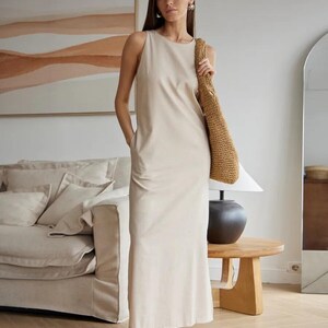 Linen Sleeveless Maxi Dress, Simple and Elegant Summer Dress, Comfortable and Breathable for Casual & Everyday Wear