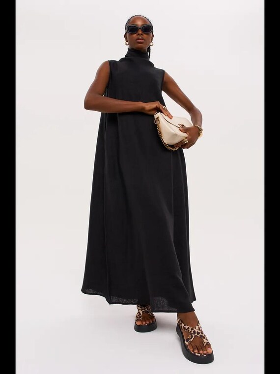 Elegant Black Linen Maxi Dress, Sleeveless High Neck Dress, Casual