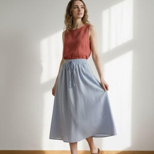 Gonna in lino a vita alta con linea ad A, vestibilità elastica, gonna midi casual con tasche per l'uso quotidiano