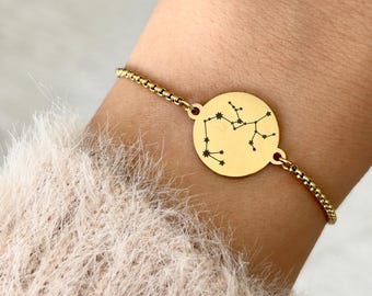 Pulseira personalizada com signo do zodíaco, joia zodiacal, pulseira de constelação com pingente gravável, presente para o Dia dos Namorados