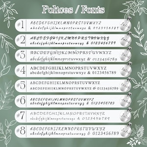 May include: A font selection chart labeled Polices / Fonts featuring eight numbered rows. Each row displays the full alphabet in uppercase and lowercase, numbers 0-9, and a circular silver pendant engraved with the name Julie in that specific style.