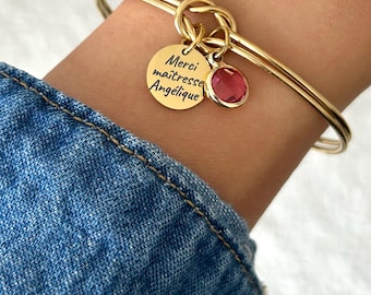 Personalized teacher bracelet, bangle bracelet with birthstone, best teacher gift, minimalist jewelry, nanny gift