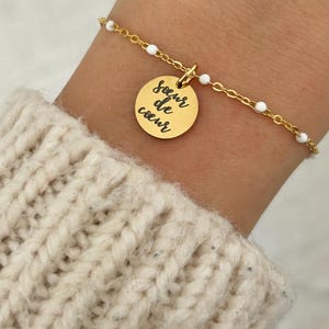 Personalized stainless steel women's bracelet, heart sister bracelet, round charm bracelet, adjustable chain bracelet, sister gift