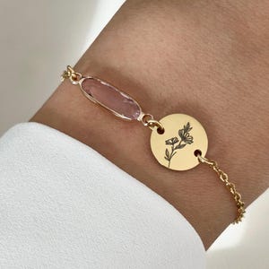 Personalized birth flower bracelet, birthstone bracelet, gold stainless steel bracelet, godmother gift, Mother's Day