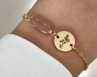 Personalized birth flower bracelet, birthstone bracelet, gold stainless steel bracelet, godmother gift, Mother&#39;s Day