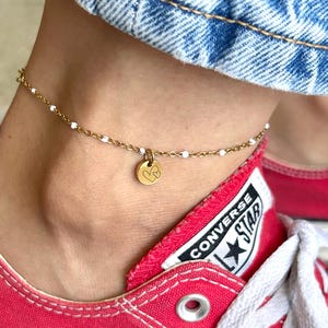 Personalized anklet, summer jewelry, round charm initial anklet, adjustable chain, personalized gift