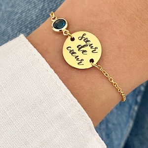 Personalized stainless steel women&#39;s bracelet with birthstone, heart sister bracelet, round charm bracelet, friendship gift