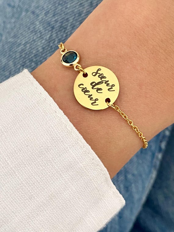 Bracelet femme personnalisé en acier inoxydable avec pierre de naissance, bracelet sœur de cœur, cadeau noël femme personnalisé