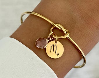 Zodiac bangle bracelet with birthstone, personalized bangle bracelet, personalized zodiac bracelet, personalized Christmas gift for women