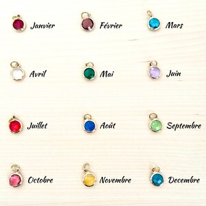 May include: Twelve small circular charms with faceted gemstones in various colors, each featuring a gold-toned metal setting and a jump ring. The charms are arranged in a grid, with the French month names Janvier through Decembre printed next to each.