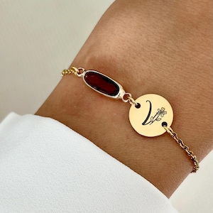 Bracelet prénom pierre de naissance, bracelet personnalisé lettre florale, bracelet lettre initiale, cadeau maman, cadeau fête des mères