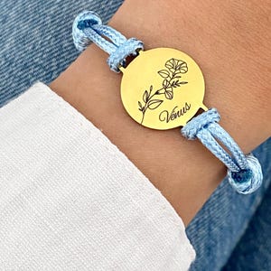 Personalized Cord Bracelet, Adjustable Bracelet, Choice of Engraving, Birth Flower Bracelet, Mom Gift, Minimalist Jewelry