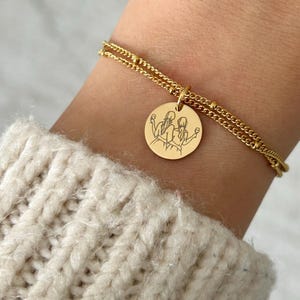 Personalized Women's Stainless Steel Bracelet, Heart Sister Bracelet, Round Charm, Double Chain Bracelet, Personalized Gift
